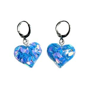 Blue Heart Earrings Shiny Reflective Glitter Silver Huggies Hoops Dangle